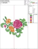 Vibrant machine embroidery design of a horizontal floral arrangement featuring a large magenta rose in the center, flanked by orange and peach roses, a small pink bud, swirling green vines, and detailed green leaves.