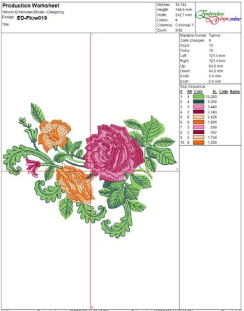 Vibrant machine embroidery design of a horizontal floral arrangement featuring a large magenta rose in the center, flanked by orange and peach roses, a small pink bud, swirling green vines, and detailed green leaves.