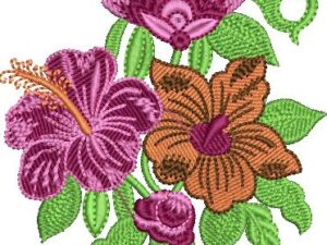 Tropical machine embroidery design featuring vibrant hibiscus flowers in purple, magenta, and orange, a large pink-purple bloom above, a small rosebud below, swirling green stems, and textured green leaves.
