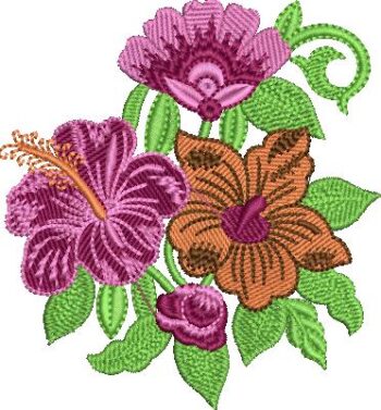 Tropical machine embroidery design featuring vibrant hibiscus flowers in purple, magenta, and orange, a large pink-purple bloom above, a small rosebud below, swirling green stems, and textured green leaves.