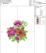 Tropical machine embroidery design featuring vibrant hibiscus flowers in purple, magenta, and orange, a large pink-purple bloom above, a small rosebud below, swirling green stems, and textured green leaves.
