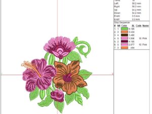 Tropical machine embroidery design featuring vibrant hibiscus flowers in purple, magenta, and orange, a large pink-purple bloom above, a small rosebud below, swirling green stems, and textured green leaves.