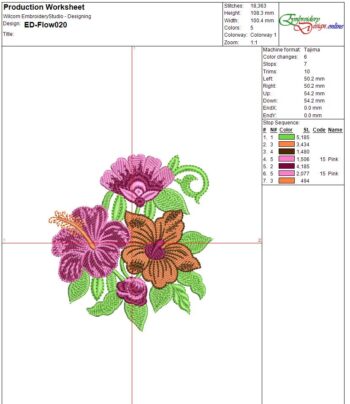 Tropical machine embroidery design featuring vibrant hibiscus flowers in purple, magenta, and orange, a large pink-purple bloom above, a small rosebud below, swirling green stems, and textured green leaves.