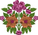 Symmetrical machine embroidery design of a tropical floral bouquet featuring a large central purple hibiscus at the top, two mirrored orange hibiscus blooms below, small pink roses and rosebuds, and lush green leaves forming a balanced arrangement.