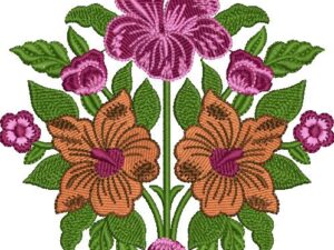 Symmetrical machine embroidery design of a tropical floral bouquet featuring a large central purple hibiscus at the top, two mirrored orange hibiscus blooms below, small pink roses and rosebuds, and lush green leaves forming a balanced arrangement.