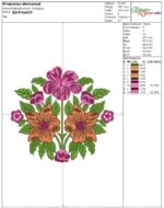 Symmetrical machine embroidery design of a tropical floral bouquet featuring a large central purple hibiscus at the top, two mirrored orange hibiscus blooms below, small pink roses and rosebuds, and lush green leaves forming a balanced arrangement.
