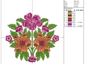 Symmetrical machine embroidery design of a tropical floral bouquet featuring a large central purple hibiscus at the top, two mirrored orange hibiscus blooms below, small pink roses and rosebuds, and lush green leaves forming a balanced arrangement.