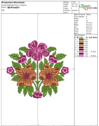 Symmetrical machine embroidery design of a tropical floral bouquet featuring a large central purple hibiscus at the top, two mirrored orange hibiscus blooms below, small pink roses and rosebuds, and lush green leaves forming a balanced arrangement.