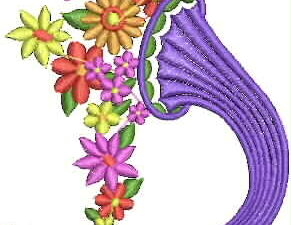 Whimsical machine embroidery design of a large purple gramophone horn overflowing with a colorful burst of flowers in red, orange, yellow, magenta, and pink, with green stems and leaves.