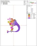 Whimsical machine embroidery design of a large purple gramophone horn overflowing with a colorful burst of flowers in red, orange, yellow, magenta, and pink, with green stems and leaves. Caption: