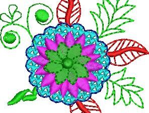 Vibrant machine embroidery design of a bold multicolored fantasy flower with layered petals in magenta, cyan, green, and dark blue, surrounded by stylized green fern-like leaves, red veined leaves, and swirling green tendrils.