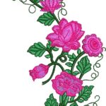 Elegant machine embroidery design of a cascading pink rose vine with multiple full-bloom roses, rosebuds, textured green leaves, and delicate curling tendrils on slender green stems