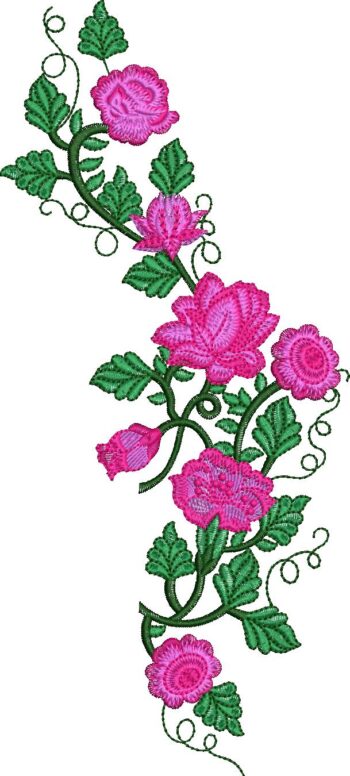 Elegant machine embroidery design of a cascading pink rose vine with multiple full-bloom roses, rosebuds, textured green leaves, and delicate curling tendrils on slender green stems
