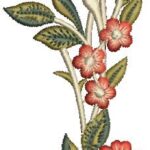 Tall machine embroidery design of a delicate vertical floral vine featuring clusters of small red and cream flowers, budding roses, and variegated green leaves with brown accents on slender cream stems.
