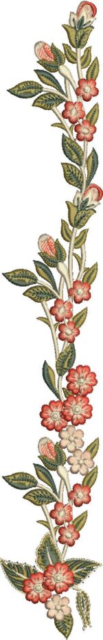 Tall machine embroidery design of a delicate vertical floral vine featuring clusters of small red and cream flowers, budding roses, and variegated green leaves with brown accents on slender cream stems.