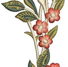 Tall machine embroidery design of a delicate vertical floral vine featuring clusters of small red and cream flowers, budding roses, and variegated green leaves with brown accents on slender cream stems.