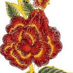 Rich machine embroidery design featuring a large deep red rose with yellow accents and layered petals, accompanied by a red rosebud, a small red flower, yellow tendrils, and variegated green leaves with yellow highlights.
