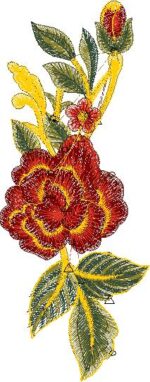 Rich machine embroidery design featuring a large deep red rose with yellow accents and layered petals, accompanied by a red rosebud, a small red flower, yellow tendrils, and variegated green leaves with yellow highlights.