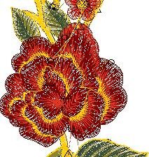 Rich machine embroidery design featuring a large deep red rose with yellow accents and layered petals, accompanied by a red rosebud, a small red flower, yellow tendrils, and variegated green leaves with yellow highlights.