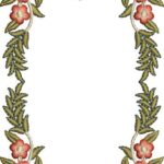 Elegant machine embroidery design of a rectangular floral frame border featuring clusters of red and cream blossoms connected by swirling cream vines, accented with textured green and olive fern-like leaves.