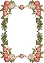 Elegant machine embroidery design of a rectangular floral frame border featuring clusters of red and cream blossoms connected by swirling cream vines, accented with textured green and olive fern-like leaves.