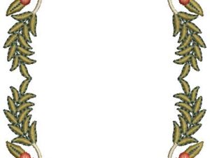 Elegant machine embroidery design of a rectangular floral frame border featuring clusters of red and cream blossoms connected by swirling cream vines, accented with textured green and olive fern-like leaves.