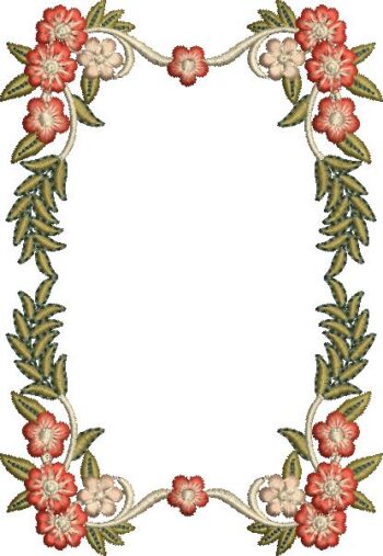 Elegant machine embroidery design of a rectangular floral frame border featuring clusters of red and cream blossoms connected by swirling cream vines, accented with textured green and olive fern-like leaves.