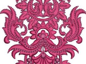 Intricate machine embroidery design of a symmetrical magenta damask-style floral ornament featuring swirling paisley motifs, layered petals, central flower accents, and ornate foliage with dotted details.