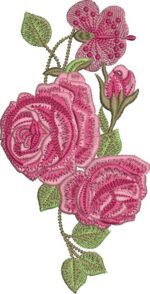 Romantic machine embroidery design featuring two large layered pink roses in full bloom, a smaller pink hibiscus-like flower above, a pink rosebud to the side, and textured green leaves on curving stems.