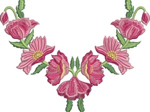 Symmetrical machine embroidery design of a V-shaped floral necklace or collar motif featuring mirrored pink poppy-style flowers with yellow centers, budding roses at the top, and lush green leaves on curving stems.