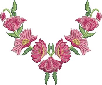 Symmetrical machine embroidery design of a V-shaped floral necklace or collar motif featuring mirrored pink poppy-style flowers with yellow centers, budding roses at the top, and lush green leaves on curving stems.