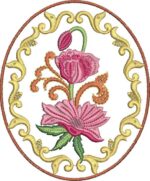 Ornate machine embroidery design in an oval frame with intricate gold swirls and brown outline, featuring a central pink lotus-like flower with layered petals, an upward pink bud, orange curling stems, and green leaves.