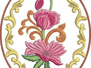 Ornate machine embroidery design in an oval frame with intricate gold swirls and brown outline, featuring a central pink lotus-like flower with layered petals, an upward pink bud, orange curling stems, and green leaves.