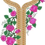 Elegant pink rose floral embroidery neckline design with gold chain borders, green vines, and leaves, ideal for salwar kameez or traditional garments.