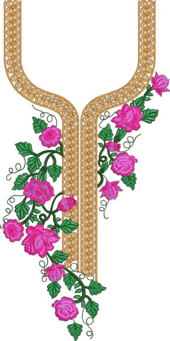 Elegant pink rose floral embroidery neckline design with gold chain borders, green vines, and leaves, ideal for salwar kameez or traditional garments.