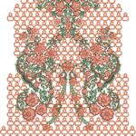 A detailed machine embroidery design for a Pakistani/Indian dress neckline and front panel. The symmetrical motif features lush peach, coral, and rust-colored flowers with green leaves and brown vines, densely arranged around a rounded neckline and cascading downward. The entire design is framed by an intricate orange hexagonal lattice (jaali) border that extends outward and downward, creating a geometric backdrop against a transparent/white background.