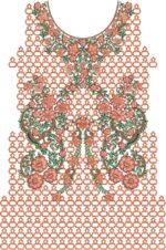 A detailed machine embroidery design for a Pakistani/Indian dress neckline and front panel. The symmetrical motif features lush peach, coral, and rust-colored flowers with green leaves and brown vines, densely arranged around a rounded neckline and cascading downward. The entire design is framed by an intricate orange hexagonal lattice (jaali) border that extends outward and downward, creating a geometric backdrop against a transparent/white background.