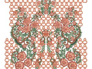 A detailed machine embroidery design for a Pakistani/Indian dress neckline and front panel. The symmetrical motif features lush peach, coral, and rust-colored flowers with green leaves and brown vines, densely arranged around a rounded neckline and cascading downward. The entire design is framed by an intricate orange hexagonal lattice (jaali) border that extends outward and downward, creating a geometric backdrop against a transparent/white background.