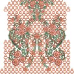 A detailed machine embroidery design for a Pakistani/Indian dress neckline and front panel. The symmetrical motif features lush peach, coral, and rust-colored flowers with green leaves and brown vines, densely arranged around a rounded neckline and cascading downward. The entire design is framed by an intricate orange hexagonal lattice (jaali) border that extends outward and downward, creating a geometric backdrop against a transparent/white background.