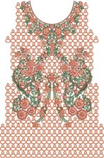 A detailed machine embroidery design for a Pakistani/Indian dress neckline and front panel. The symmetrical motif features lush peach, coral, and rust-colored flowers with green leaves and brown vines, densely arranged around a rounded neckline and cascading downward. The entire design is framed by an intricate orange hexagonal lattice (jaali) border that extends outward and downward, creating a geometric backdrop against a transparent/white background.