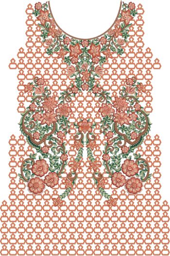 A detailed machine embroidery design for a Pakistani/Indian dress neckline and front panel. The symmetrical motif features lush peach, coral, and rust-colored flowers with green leaves and brown vines, densely arranged around a rounded neckline and cascading downward. The entire design is framed by an intricate orange hexagonal lattice (jaali) border that extends outward and downward, creating a geometric backdrop against a transparent/white background.