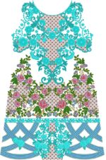 A luxurious machine embroidery design for a Pakistani/Indian dress front panel and neckline. The symmetrical layout features a vibrant turquoise floral neckline with scrolling vines and pearl-like dots, transitioning to a central lattice backdrop. The middle section showcases clusters of pink roses with green leaves, while the bottom displays an elaborate turquoise daman border with arched stripes, floral motifs, and intricate geometric fills against a transparent/Cutworks