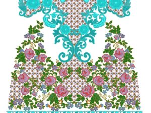 A luxurious machine embroidery design for a Pakistani/Indian dress front panel and neckline. The symmetrical layout features a vibrant turquoise floral neckline with scrolling vines and pearl-like dots, transitioning to a central lattice backdrop. The middle section showcases clusters of pink roses with green leaves, while the bottom displays an elaborate turquoise daman border with arched stripes, floral motifs, and intricate geometric fills against a transparent/Cutworks