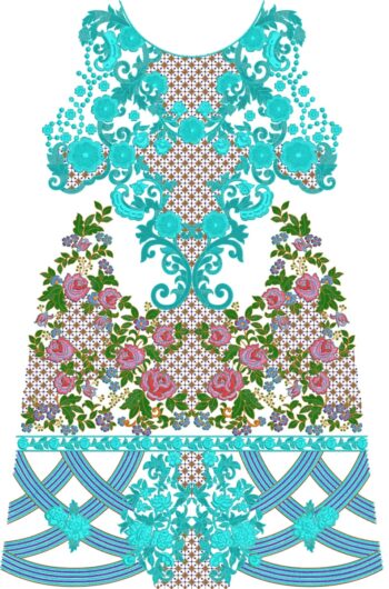 A luxurious machine embroidery design for a Pakistani/Indian dress front panel and neckline. The symmetrical layout features a vibrant turquoise floral neckline with scrolling vines and pearl-like dots, transitioning to a central lattice backdrop. The middle section showcases clusters of pink roses with green leaves, while the bottom displays an elaborate turquoise daman border with arched stripes, floral motifs, and intricate geometric fills against a transparent/Cutworks