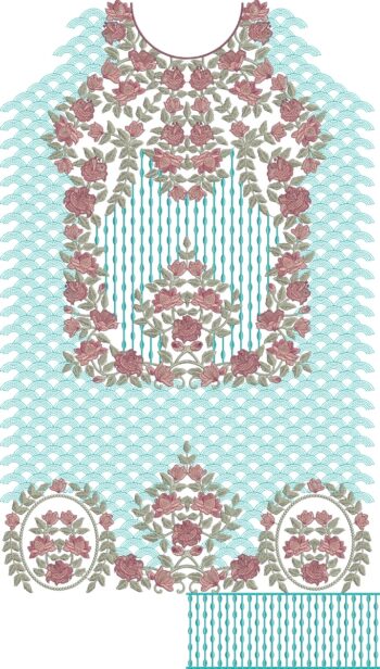 Download this beautiful rose neckline embroidery design featuring vibrant roses, leaves, and turquoise accents. Perfect for front necklines on kurtis and dresses. 352,403 stitches, multi-format