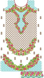 A full front panel (damman/yoke) for kurtis or dresses featuring delicate pink roses with green leaves, a brown geometric lattice/net background, light turquoise scalloped borders, and additional floral motifs—this is a classic rose floral neckline with all-over panel extension.