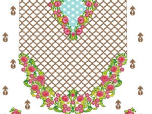 A full front panel (damman/yoke) for kurtis or dresses featuring delicate pink roses with green leaves, a brown geometric lattice/net background, light turquoise scalloped borders, and additional floral motifs—this is a classic rose floral neckline with all-over panel extension.