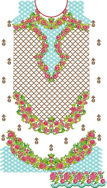 A full front panel (damman/yoke) for kurtis or dresses featuring delicate pink roses with green leaves, a brown geometric lattice/net background, light turquoise scalloped borders, and additional floral motifs—this is a classic rose floral neckline with all-over panel extension.