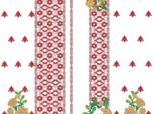 "Gorgeous yellow floral panel embroidery design with blooming yellow flowers, green vines, red geometric lace borders, and golden hem. Perfect for kurti daman, kali panels, or dress borders. Multi-format instant download."