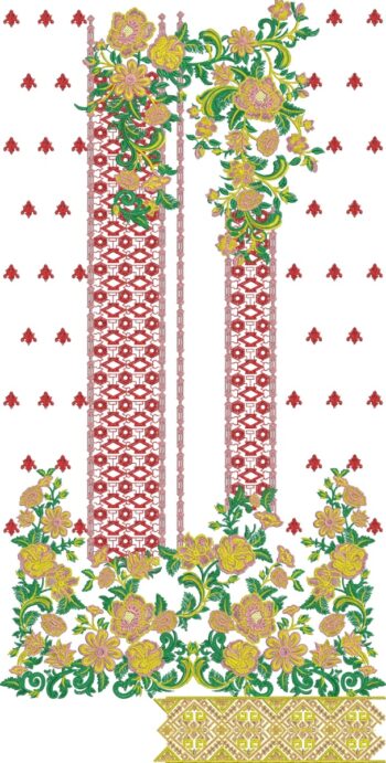 "Gorgeous yellow floral panel embroidery design with blooming yellow flowers, green vines, red geometric lace borders, and golden hem. Perfect for kurti daman, kali panels, or dress borders. Multi-format instant download."